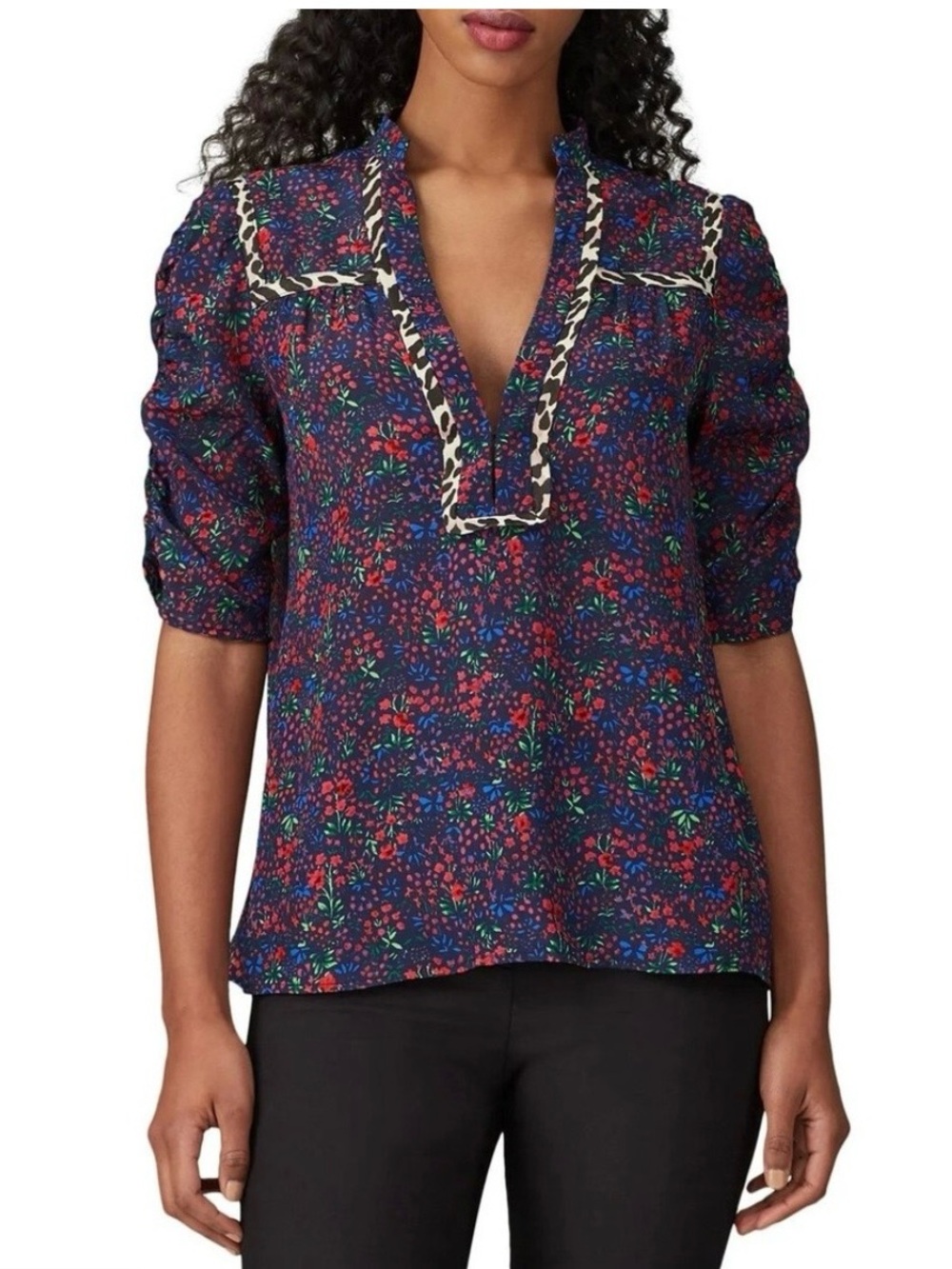 Nanette Lepore Navy Floral Split V-Neck Puff Sleeve Top